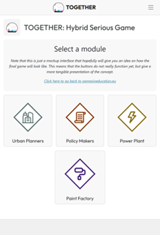 TOGETHER game modules overview showing disciplinary challenges and stakeholder scenarios